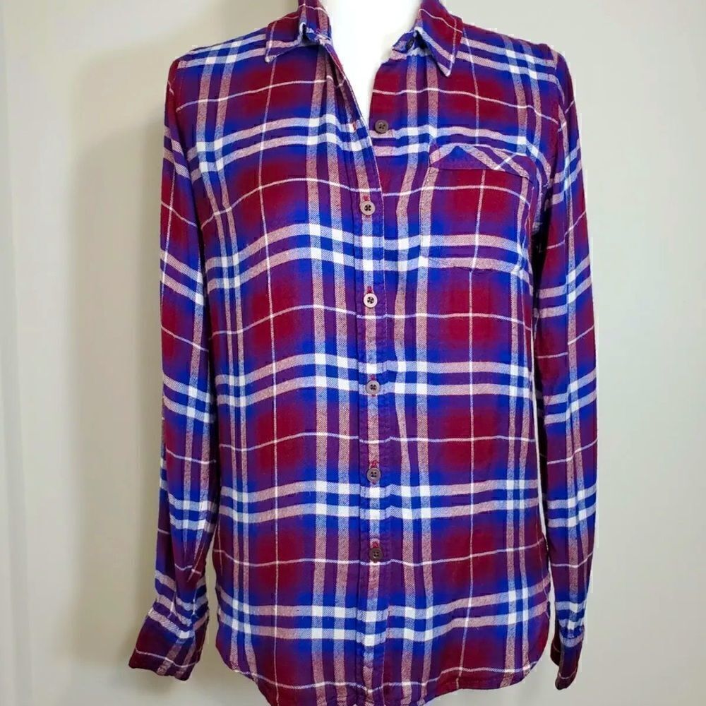 Lucky Brand- Red & Blue Plaid Button Down Flannel Blouse Tunic Top Women’s, Sz M